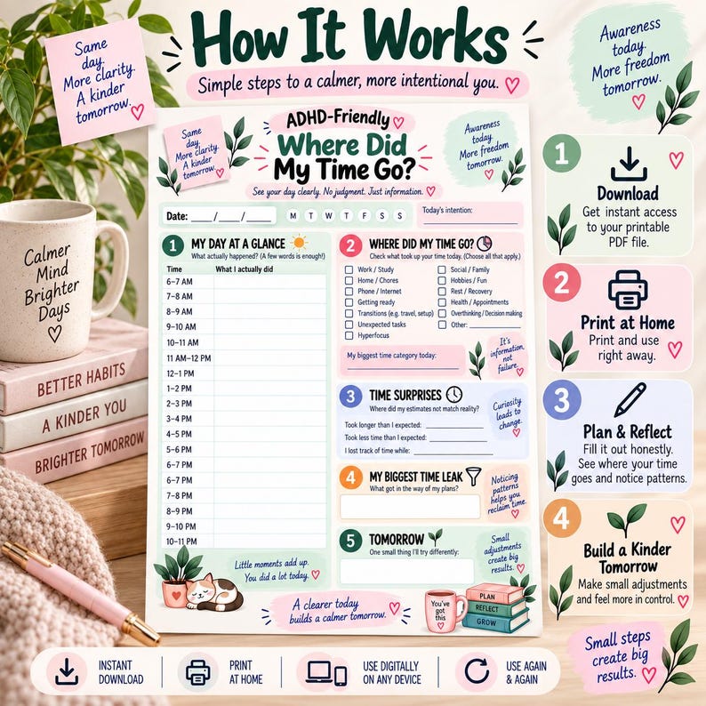 Puede incluir: Una hoja de planificaci&oacute;n diaria imprimible para personas con TDAH titulada Where Did My Time Go? con secciones para registrar actividades, uso del tiempo, sorpresas, fugas de tiempo y objetivos, decorada con colores pastel suaves e ilustraciones.