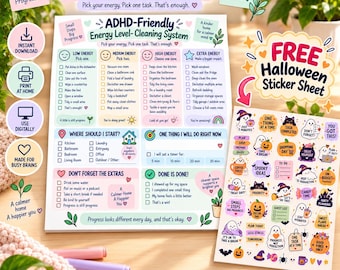 May include: A printed ADHD-Friendly Energy Level-Cleaning System checklist with sections for tasks based on energy levels, plus a separate sheet of colourful Halloween-themed stickers featuring ghosts, pumpkins, and motivational text.