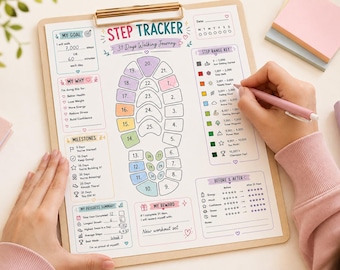 May include: A printed step tracker sheet on a clipboard featuring a central footprint graphic divided into thirty-one numbered sections. The document includes sections for goals, milestones, a step range key with colour-coded icons, and a progress summary.