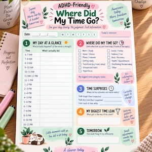 Puede incluir: Una hoja de planificador diario ADHD-Friendly Where Did My Time Go? impresa con un horario, casillas de verificaci&oacute;n para actividades y secciones para sorpresas de tiempo, fugas de tiempo y metas para ma&ntilde;ana, decorada con plantas y gatos.