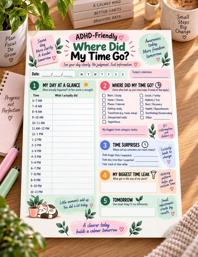 Puede incluir: Una hoja de planificador diario ADHD-Friendly Where Did My Time Go? impresa con un horario, casillas de verificaci&oacute;n para actividades y secciones para sorpresas de tiempo, fugas de tiempo y metas para ma&ntilde;ana, decorada con plantas y gatos.