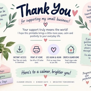 Puede incluir: Una tarjeta de agradecimiento digital para una peque&ntilde;a empresa con el texto Thank You for supporting my small business, instrucciones de acceso, impresi&oacute;n y uso, una planta en maceta y libros apilados.