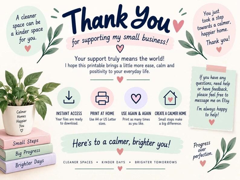Puede incluir: Una tarjeta de agradecimiento digital para una peque&ntilde;a empresa con el texto Thank You for supporting my small business, instrucciones de acceso, impresi&oacute;n y uso, una planta en maceta y libros apilados.