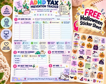 May include: A printed ADHD Tax Prevention Tracker worksheet with colourful headers, sections for logging expenses, and a summary area. Beside it is a sheet of Halloween-themed stickers featuring ghosts, pumpkins, and motivational text.