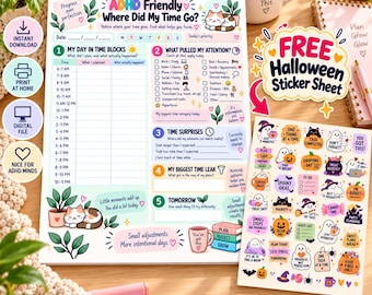May include: An ADHD-friendly daily planner sheet with time blocks, sections for tracking distractions, time leaks, and tomorrow's goals, accompanied by a separate sheet of colourful Halloween-themed stickers featuring ghosts, pumpkins, and motivational text.