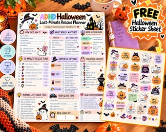 May include: An ADHD Halloween last-minute rescue planner printable sheet with checklists, a 15-minute rescue plan, and a matching sheet of colourful Halloween-themed stickers featuring ghosts, pumpkins, and cats with text.