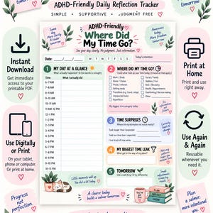 Puede incluir: Un rastreador de reflexi&oacute;n diaria digital apto para TDAH en formato PDF imprimible. El documento incluye secciones para registrar el tiempo, identificar fugas de tiempo y establecer intenciones. Contiene un campo de fecha, un horario diario de 6 AM a 11 PM y casillas de verificaci&oacute;n para diversas actividades, decorado con ilustraciones de plantas y un gato.