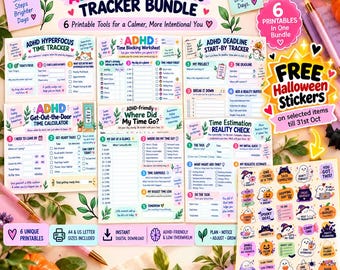 May include: An ADHD time blindness tracker bundle featuring six printable planning tools and a sheet of Halloween stickers. The documents include trackers for hyperfocus, time blocking, deadlines, departure times, and reality checks with colourful text.