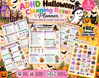 May include: A digital ADHD Halloween cleaning reset planner set featuring five printable pages with checklists, task trackers, and a sticker sheet. The pages include colourful illustrations of ghosts, pumpkins, and black cats with text.