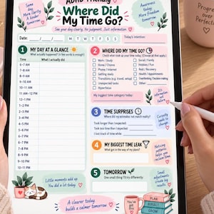 Puede incluir: Una plantilla de planificador diario digital apta para TDAH titulada Where Did My Time Go? con secciones para registrar actividades, uso del tiempo, sorpresas y prop&oacute;sitos, decorada con ilustraciones en tonos pastel.