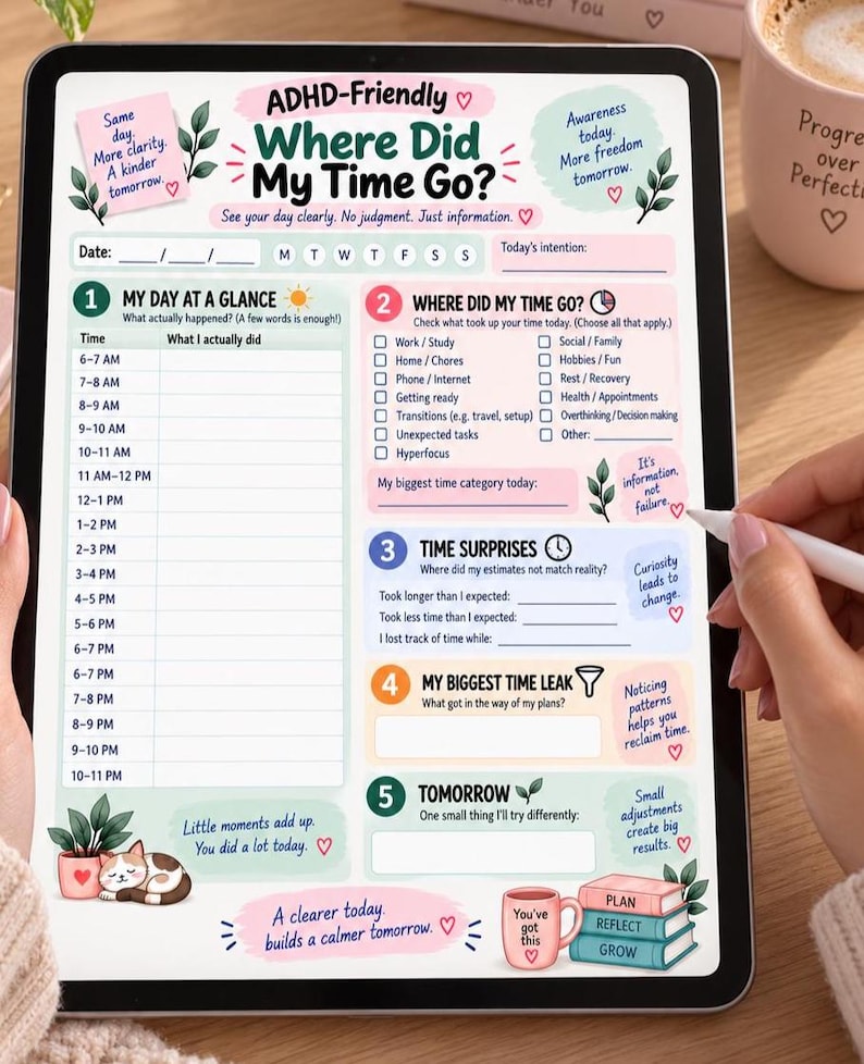 Puede incluir: Una plantilla de planificador diario digital apta para TDAH titulada Where Did My Time Go? con secciones para registrar actividades, uso del tiempo, sorpresas y prop&oacute;sitos, decorada con ilustraciones en tonos pastel.