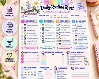 May include: A daily routine reset planner sheet featuring colourful pastel graphics, a cat illustration, and sections for morning, midday, evening, and self-care resets. The page includes habit trackers, time blocking, and mood check-ins with text.