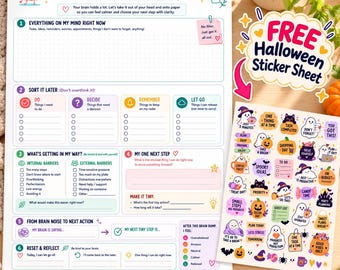 May include: A white ADHD Brain Dump planning sheet with colourful sections for tasks, sorting, and reflection, accompanied by a separate sheet of Halloween-themed stickers featuring ghosts, pumpkins, and motivational text.