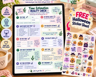 May include: A digital planner page titled Time Estimation Reality Check with ten numbered sections for tracking tasks, estimates, and reflections, displayed on a tablet screen next to a sheet of colourful Halloween-themed stickers.