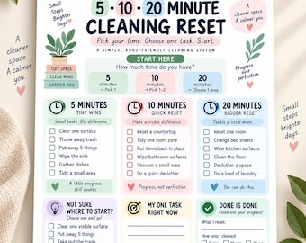 May include: A white informational chart titled ADHD-Friendly 5-10-20 Minute Cleaning Reset. The document features pastel-coloured sections with checklists for 5, 10, and 20-minute tasks, a section for choosing a task, and a tracker for completed cleaning goals.