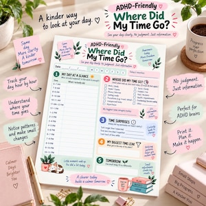 Puede incluir: Una hoja de planificaci&oacute;n de papel blanco titulada ADHD-Friendly Where Did My Time Go? con secciones para seguimiento diario, an&aacute;lisis de tiempo y reflexi&oacute;n. El dise&ntilde;o incluye pasos numerados, casillas de verificaci&oacute;n e ilustraciones de un gato, plantas y libros.