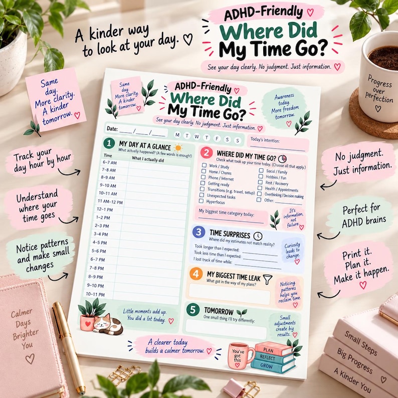 Puede incluir: Una hoja de planificaci&oacute;n de papel blanco titulada ADHD-Friendly Where Did My Time Go? con secciones para seguimiento diario, an&aacute;lisis de tiempo y reflexi&oacute;n. El dise&ntilde;o incluye pasos numerados, casillas de verificaci&oacute;n e ilustraciones de un gato, plantas y libros.