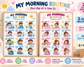 May include: Two framed posters titled My Morning Routine, One step at a time, featuring twelve numbered steps with illustrations of children performing daily tasks. The charts include sizes 21.59 x 27.94 cm, 21 x 29.7 cm, and 20.32 x 25.4 cm.