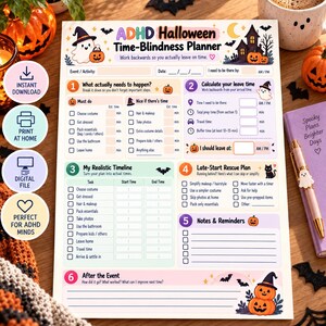 Peut inclure: Une feuille de planification ADHD Halloween Time-Blindness imprimée avec des sections pour les événements, les listes de tâches, le calcul du temps de départ, un calendrier réaliste, un plan de secours et des notes, ornée de fantômes, citrouilles et chauves-souris.