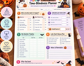 May include: A printed ADHD Halloween Time-Blindness Planner sheet featuring sections for event planning, task lists, leave time calculations, a realistic timeline, a late-start rescue plan, and notes, decorated with ghosts, pumpkins, and bats.