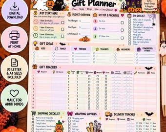May include: A Halloween Gift Planner printable sheet featuring sections for budget, gift ideas, a tracker, shopping checklist, wrapping supplies, and delivery tracking. The design includes colourful illustrations of ghosts, pumpkins, and a haunted house.