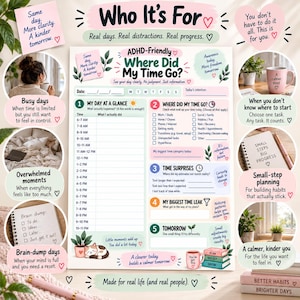 Puede incluir: Una hoja de planificador diario apta para TDAH titulada Where Did My Time Go? con secciones para registrar actividades por hora, identificar p&eacute;rdidas de tiempo y establecer intenciones. El dise&ntilde;o incluye colores pastel, acentos florales, una ilustraci&oacute;n de un gato y textos motivadores para organizar las tareas diarias.