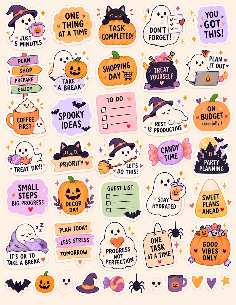 Puede incluir: Una colecci&oacute;n de pegatinas para planificadores con tem&aacute;tica de Halloween que incluye fantasmas, calabazas, gatos negros y dulces. Los dise&ntilde;os incluyen textos motivadores como 'One thing at a time', 'Task completed', 'Don't forget', 'Treat yourself' y 'Progress not perfection'.