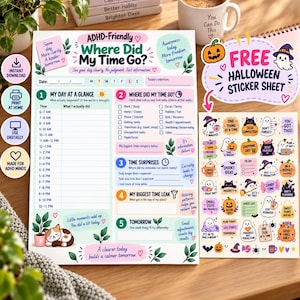 Puede incluir: Una hoja de planificaci&oacute;n diaria apta para TDAH titulada Where Did My Time Go? con secciones para registrar actividades, p&eacute;rdidas de tiempo y objetivos, acompa&ntilde;ada de una hoja de pegatinas coloridas con tem&aacute;tica de Halloween de fantasmas y calabazas.