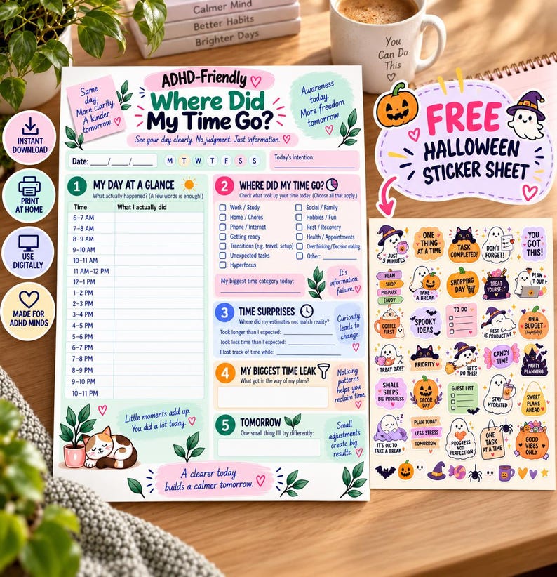 Puede incluir: Una hoja de planificaci&oacute;n diaria apta para TDAH titulada Where Did My Time Go? con secciones para registrar actividades, p&eacute;rdidas de tiempo y objetivos, acompa&ntilde;ada de una hoja de pegatinas coloridas con tem&aacute;tica de Halloween de fantasmas y calabazas.