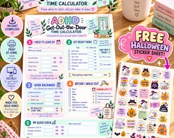 May include: An ADHD Get-Out-the-Door Time Calculator planner sheet with five sections for planning tasks, calculating start times, and tracking progress, accompanied by a separate sheet of colourful Halloween-themed stickers.