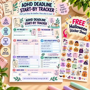 Puede incluir: Una página de planificador ADHD deadline start-by tracker con siete secciones numeradas para la gestión de proyectos, incluyendo campos para fechas límite y desglose de tareas. Incluye una hoja separada de pegatinas de Halloween con fantasmas y calabazas.