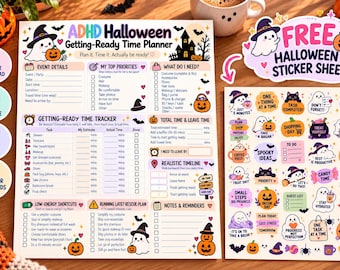 May include: An ADHD Halloween Getting-Ready Time Planner and a free Halloween sticker sheet. The planner includes sections for event details, priorities, a time tracker, and low-energy shortcuts. The sticker sheet features various ghosts, pumpkins, and motivational text.