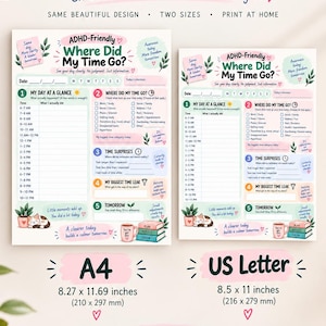 Puede incluir: Dos planificadores de tiempo imprimibles titulados Where Did My Time Go? con secciones para horarios diarios, categor&iacute;as de tiempo y reflexiones. Incluye el tama&ntilde;o A4 de 210 por 297 mm y el tama&ntilde;o US Letter de 216 por 279 mm.
