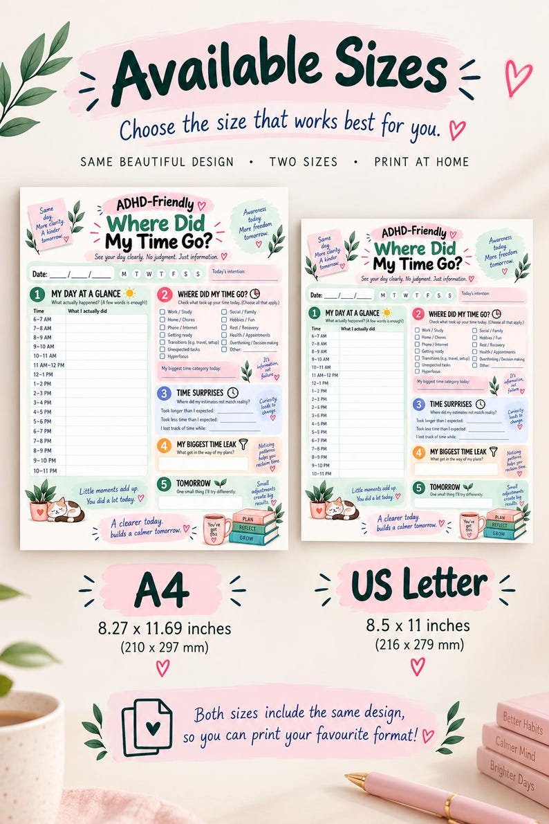 Puede incluir: Dos planificadores de tiempo imprimibles titulados Where Did My Time Go? con secciones para horarios diarios, categor&iacute;as de tiempo y reflexiones. Incluye el tama&ntilde;o A4 de 210 por 297 mm y el tama&ntilde;o US Letter de 216 por 279 mm.