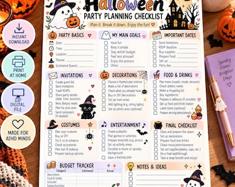 May include: A Halloween party planning checklist printed on paper, featuring sections for party basics, goals, dates, invitations, decorations, food, drinks, costumes, entertainment, a final checklist, a budget tracker, and notes with ghost and pumpkin icons.