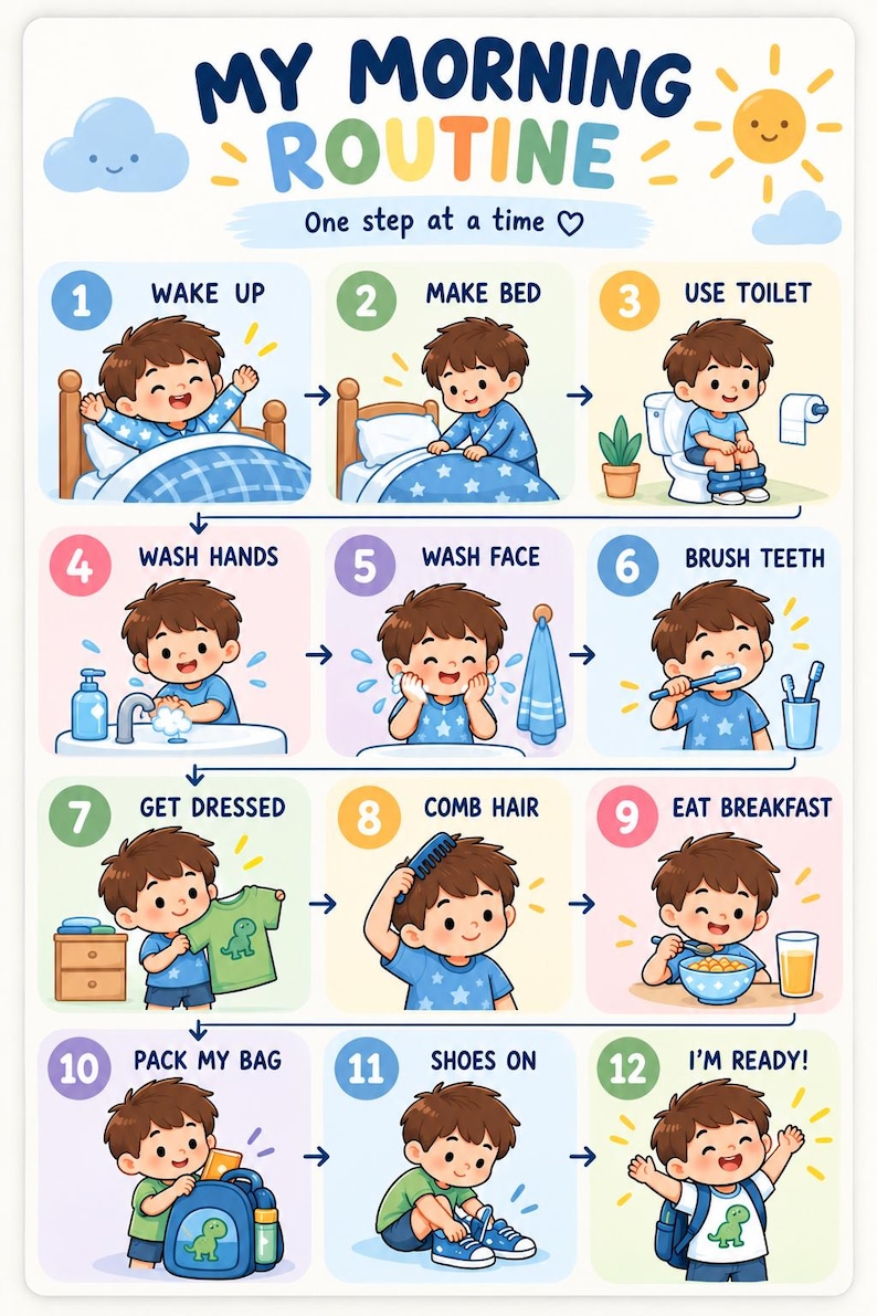 Kids Morning Routine Chart | Visual Schedule for ADHD, Autism (digital ...