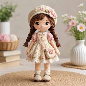 May include: A handcrafted crochet doll with brown yarn hair in two braids, wearing a cream-colored beret with a pink flower, a cream dress with pink puff sleeves, a small matching crossbody bag, and cream-colored shoes with brown button details.