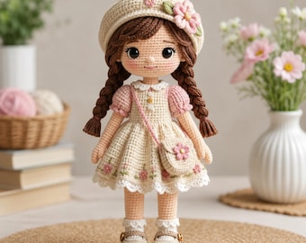 Puede incluir: Una muñeca de ganchillo hecha a mano con pelo de lana marrón en dos trenzas, que lleva una boina color crema con una flor rosa, un vestido color crema con mangas abullonadas rosas, un pequeño bolso bandolera a juego y zapatos color crema con botones marrones.