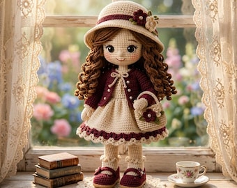 May include: A crochet doll with long brown curly hair, wearing a cream-colored dress with a burgundy cardigan, a matching hat with floral accents, and burgundy shoes. The doll holds a small matching handbag and stands on a white lace doily.
