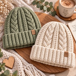 Può includere: Due berretti con risvolto, uno verde salvia e uno color crema, caratterizzati da un motivo a trecce verticali e una piccola etichetta quadrata in pelle marrone con l'icona di un cuore sul davanti. I berretti sono in lana spessa e costa.