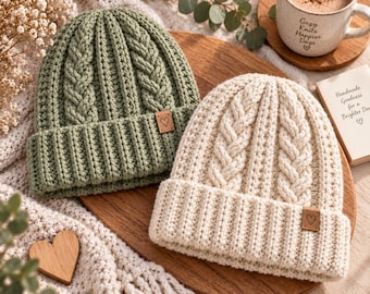 May include: Two cuffed beanies, one sage green and one cream, featuring a vertical cable knit pattern and a small square brown leather tag with a heart icon on the front. The hats are made of thick yarn and have a ribbed texture throughout the design.