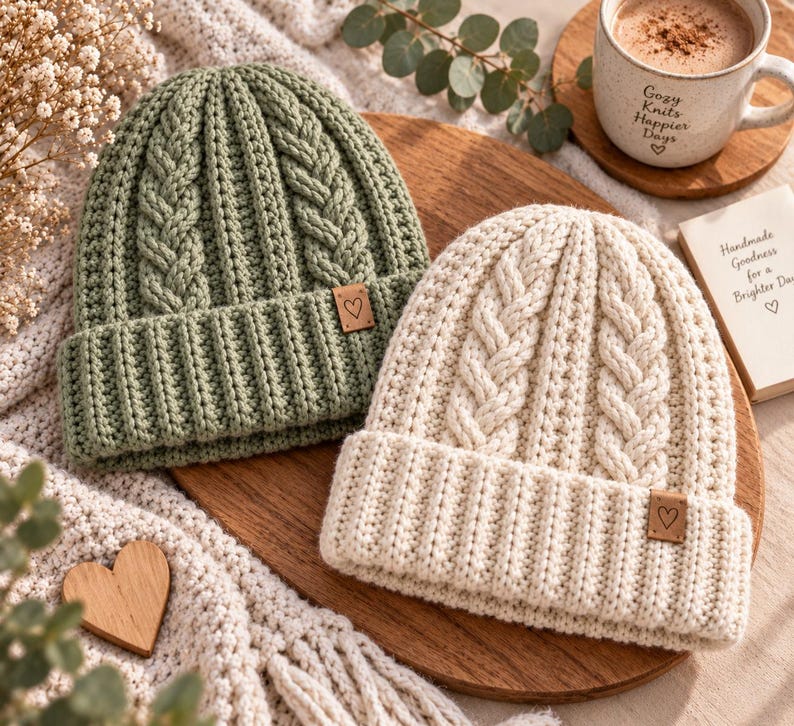 Puede incluir: Dos gorros con vuelta, uno verde salvia y otro crema, con un patr&oacute;n de punto de ochos vertical y una peque&ntilde;a etiqueta cuadrada de cuero marr&oacute;n con un icono de coraz&oacute;n en la parte delantera. Los gorros son de lana gruesa y textura acanalada.
