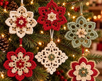 May include: Six crocheted ornaments in star and diamond shapes, featuring red, cream, and sage green yarn with small gold beads at the centers. Each piece is suspended by a thin string and a gold bead, displaying intricate lace-like patterns.