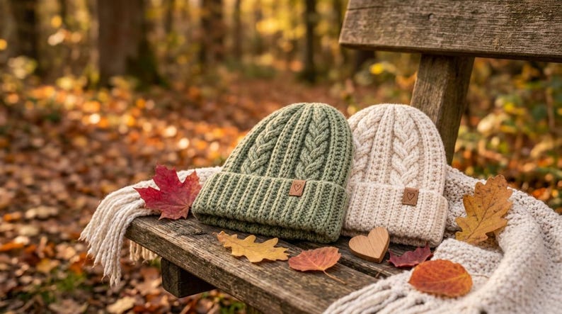 Puede incluir: Dos gorros de punto, uno verde salvia y otro crema, con patr&oacute;n de trenzas y borde doblado. Cada gorro tiene una peque&ntilde;a etiqueta cuadrada marr&oacute;n con un icono de coraz&oacute;n en la parte frontal. Una bufanda de punto crema est&aacute; colocada debajo.