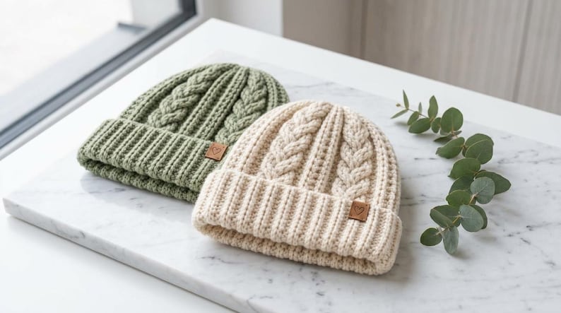 Puede incluir: Dos gorros con vuelta, uno en verde salvia y otro en crema, con un patr&oacute;n de punto de ochos grueso y un borde acanalado. Cada gorro incluye una peque&ntilde;a etiqueta cuadrada de piel sint&eacute;tica color canela en el borde frontal con un coraz&oacute;n.