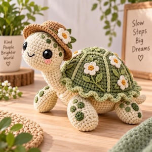 Virkat sköldpadda-amigurumimönster, salviagrönt snäckskal, broderat ansikte (PDF)