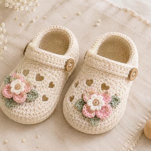 May include: A pair of cream-colored crochet baby shoes featuring heart-shaped cutouts, a single strap with a brown wooden button, and a decorative floral applique on the front with pink petals, a white center, and small green leaves.