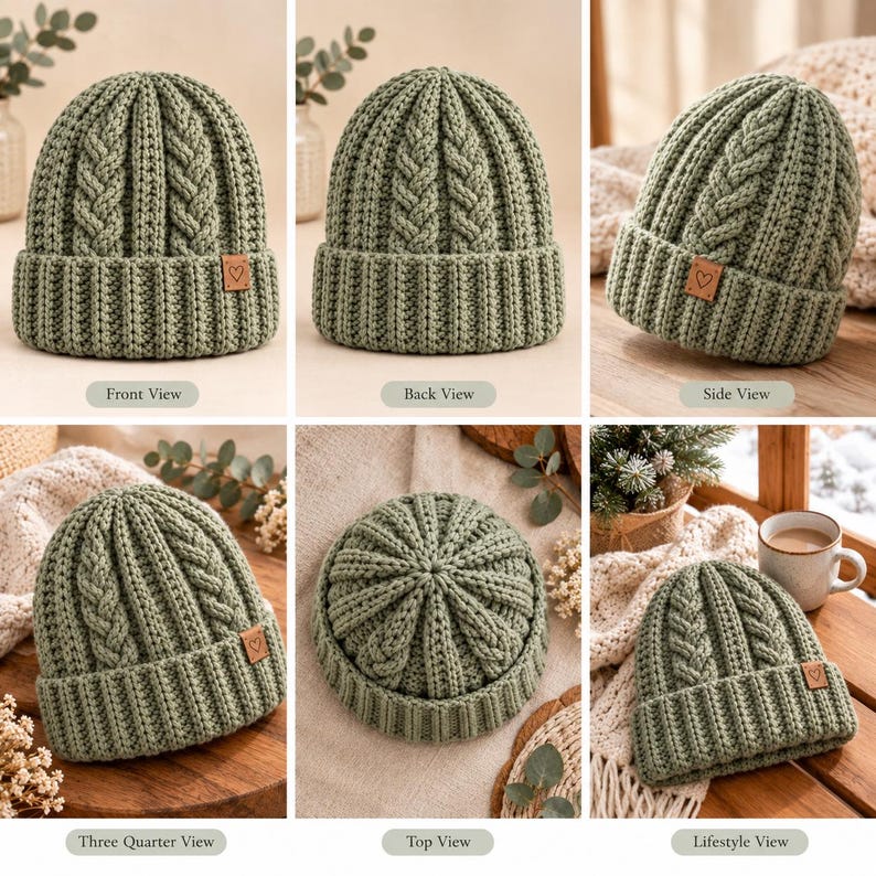 Puede incluir: Un gorro de punto color verde salvia con un patr&oacute;n de trenzas verticales y un borde acanalado. Una peque&ntilde;a etiqueta cuadrada de cuero marr&oacute;n con un icono de coraz&oacute;n en relieve est&aacute; fijada en la parte frontal del borde. Se muestra desde varios &aacute;ngulos.