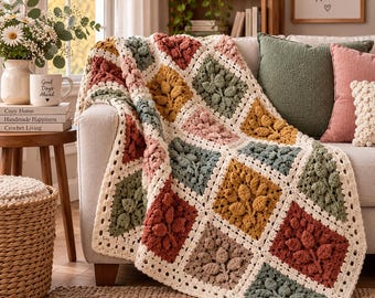 May include: A handmade crochet blanket featuring a pattern of square motifs in muted tones of mustard yellow, sage green, dusty rose, and terracotta. Each square displays a raised, textured leaf design bordered by cream-colored yarn stitching.