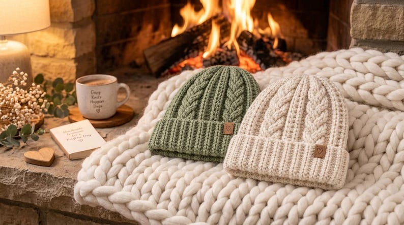 Puede incluir: Dos gorros de punto con vuelta, uno verde salvia y otro crema, con un patr&oacute;n de trenzas verticales y una peque&ntilde;a etiqueta cuadrada marr&oacute;n con un icono de coraz&oacute;n en la vuelta. Los gorros descansan sobre una manta blanca de punto grueso.